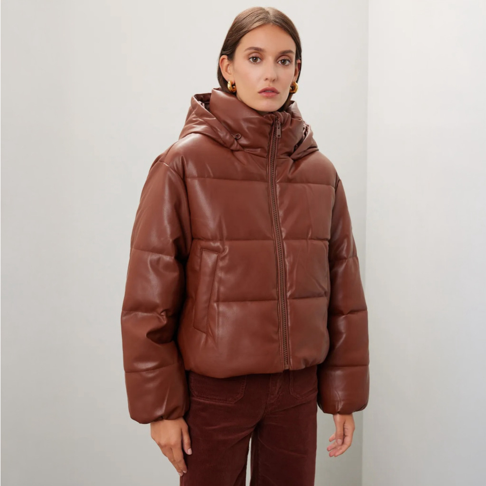 OOF WEAR Faux Leather Puffer Women's Jacket Hooded Brown $428 - Size 48 - US 12